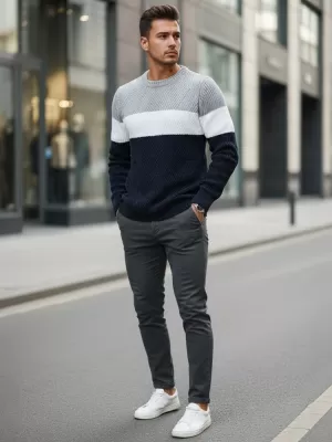 Herrenpullover DSTREET WX2320 DUNKELBLAU/HELLGRAU
