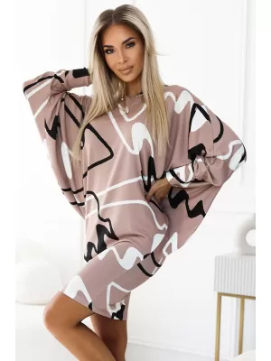 Kleid NUMOCO A402-8 BEIGE MIT EINEM SCHWARZEN MUSTER