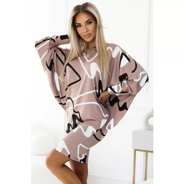  Kleid NUMOCO A402-8 BEIGE MIT EINEM SCHWARZEN MUSTER 